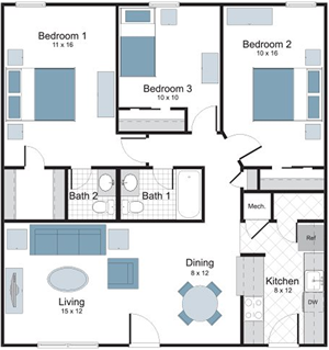 Poydras - Three Bedroom / 1.5 Bath floor plan