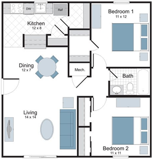 Royal - Two Bedroom / One Bath floor plan