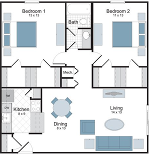 Carrollton - Two Bedroom / One Bath floor plan